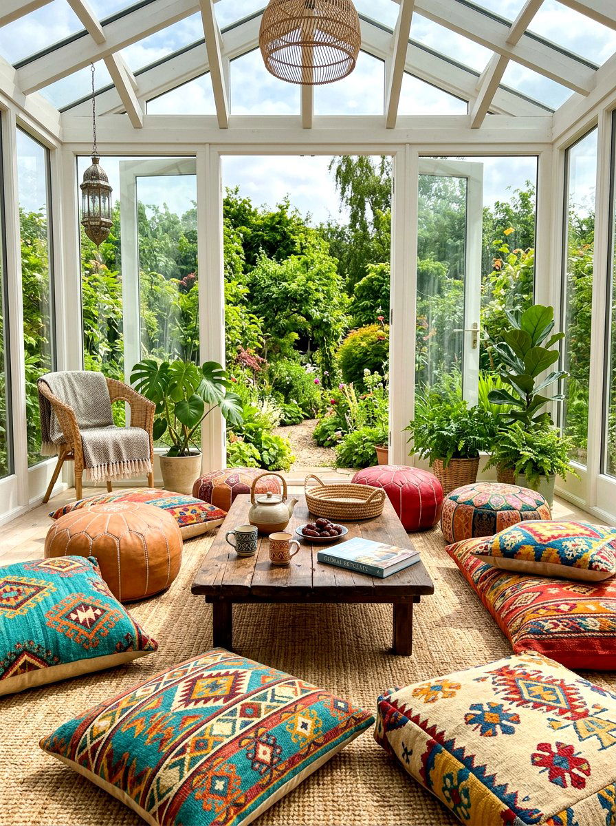 Floor cushion sunroom - 30 boho sunroom ideas