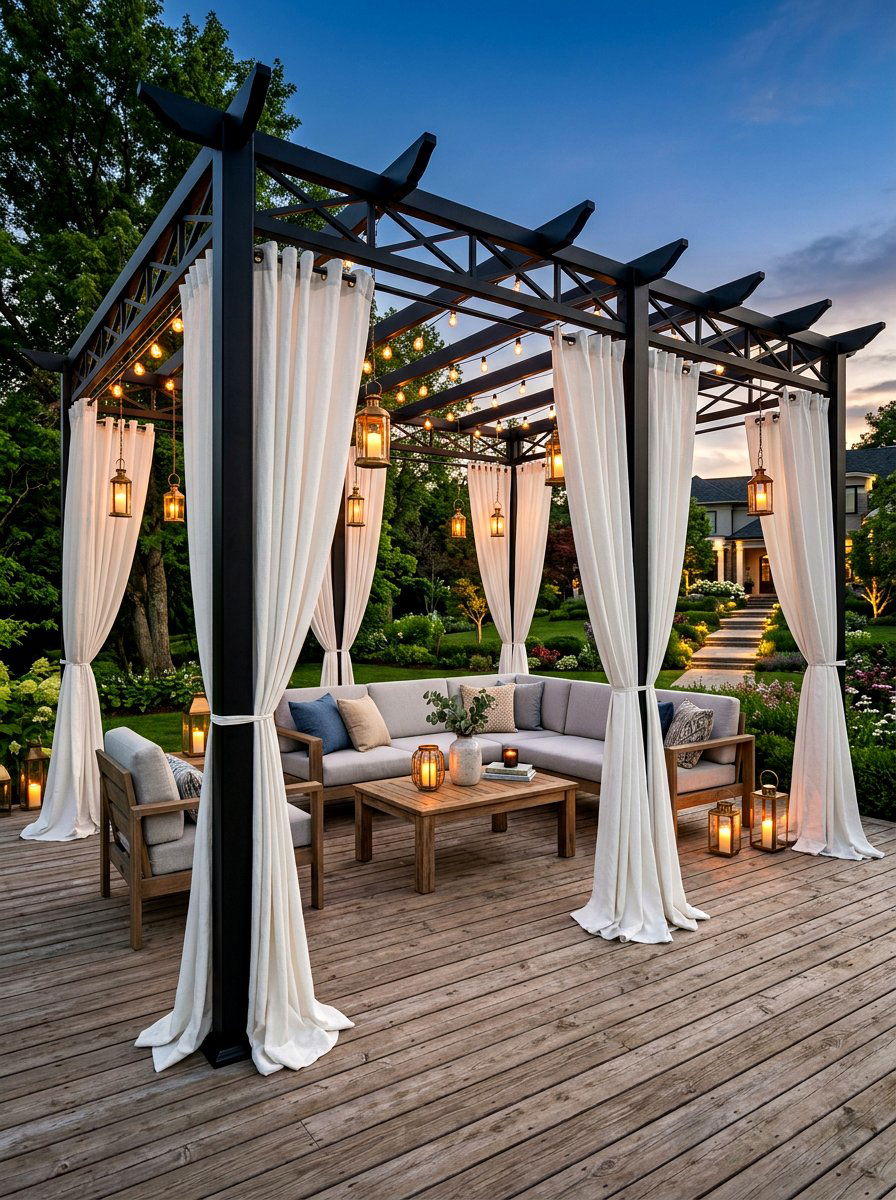 Floor length pergola drape setup - 30 pergola privacy curtain ideas