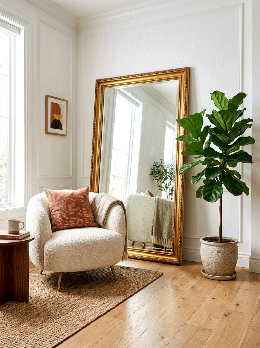 Floor mirror and boucle chair - 30 boucle chair corner ideas