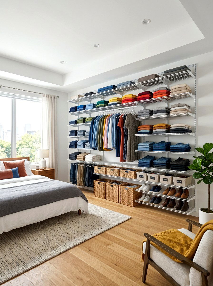 Floor to Ceiling Wire Shelving - 30 open closet aesthetic ideas