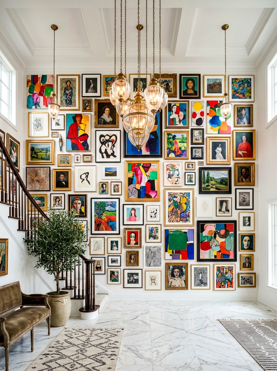 Floor to ceiling art wall - 30 salon wall entry ideas