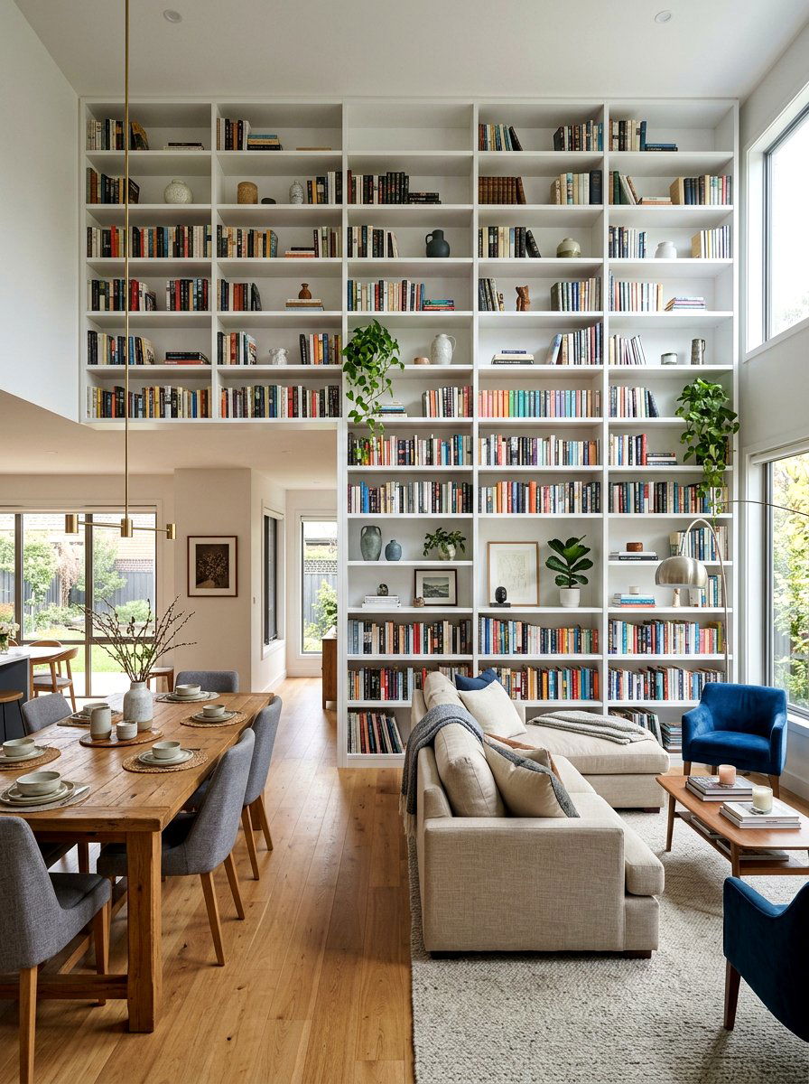 Floor to ceiling bookcases - 30 broken floor plan apartment ideas