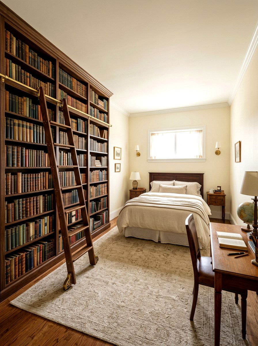 Floor to ceiling bookshelf - 30 light academia bedroom ideas