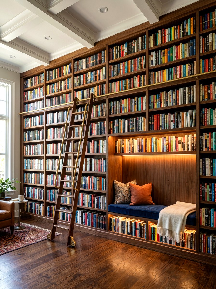 Floor to ceiling bookshelf wall - 30 phone free bedroom ideas for adults