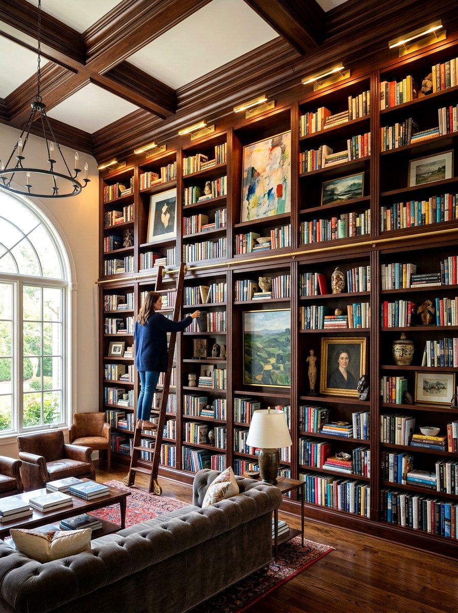 Floor to ceiling bookshelf wall - 30 bookshelf styling living room ideas