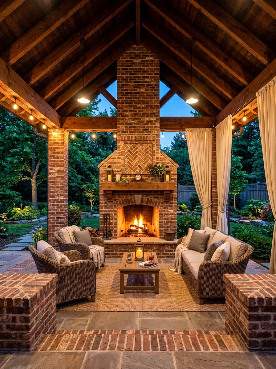 Floor to ceiling brick fireplace gazebo - 30 brick outdoor fireplace ideas