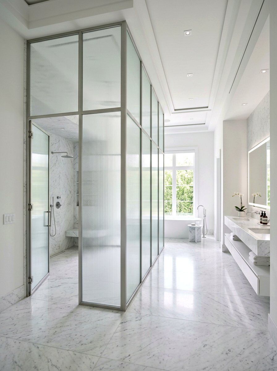 Floor to ceiling fluted glass - 30 ribbed glass shower ideas