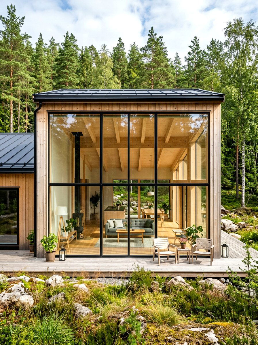 Floor to ceiling glass Scandinavian house - 30 Scandinavian house exterior ideas