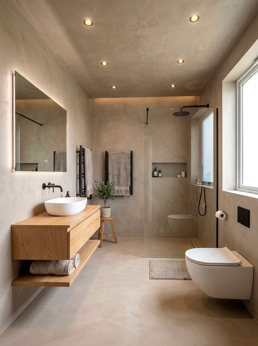Floor to ceiling microcement - 30 microcement bathroom ideas