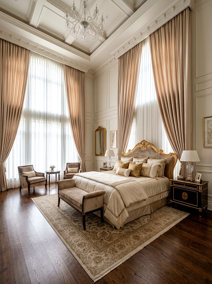 Floor to ceiling sheer and heavy drape - 30 bedroom curtain layering ideas