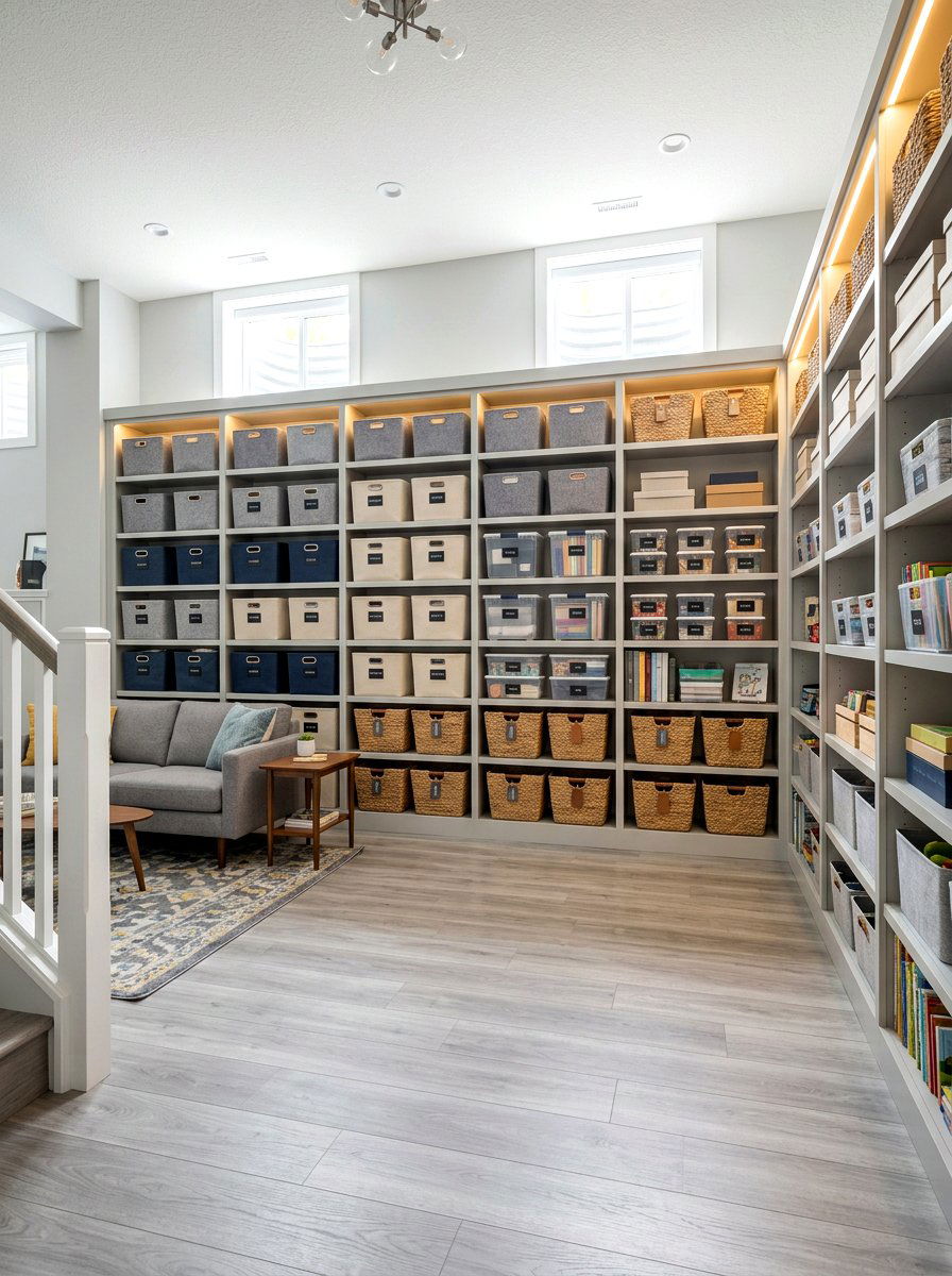 Floor to ceiling shelving - 30 basement storage wall ideas