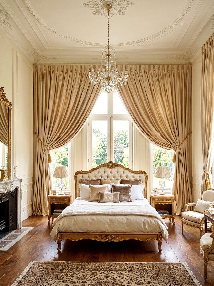 Floor to ceiling silk curtains - 30 Parisian hotel bedroom ideas