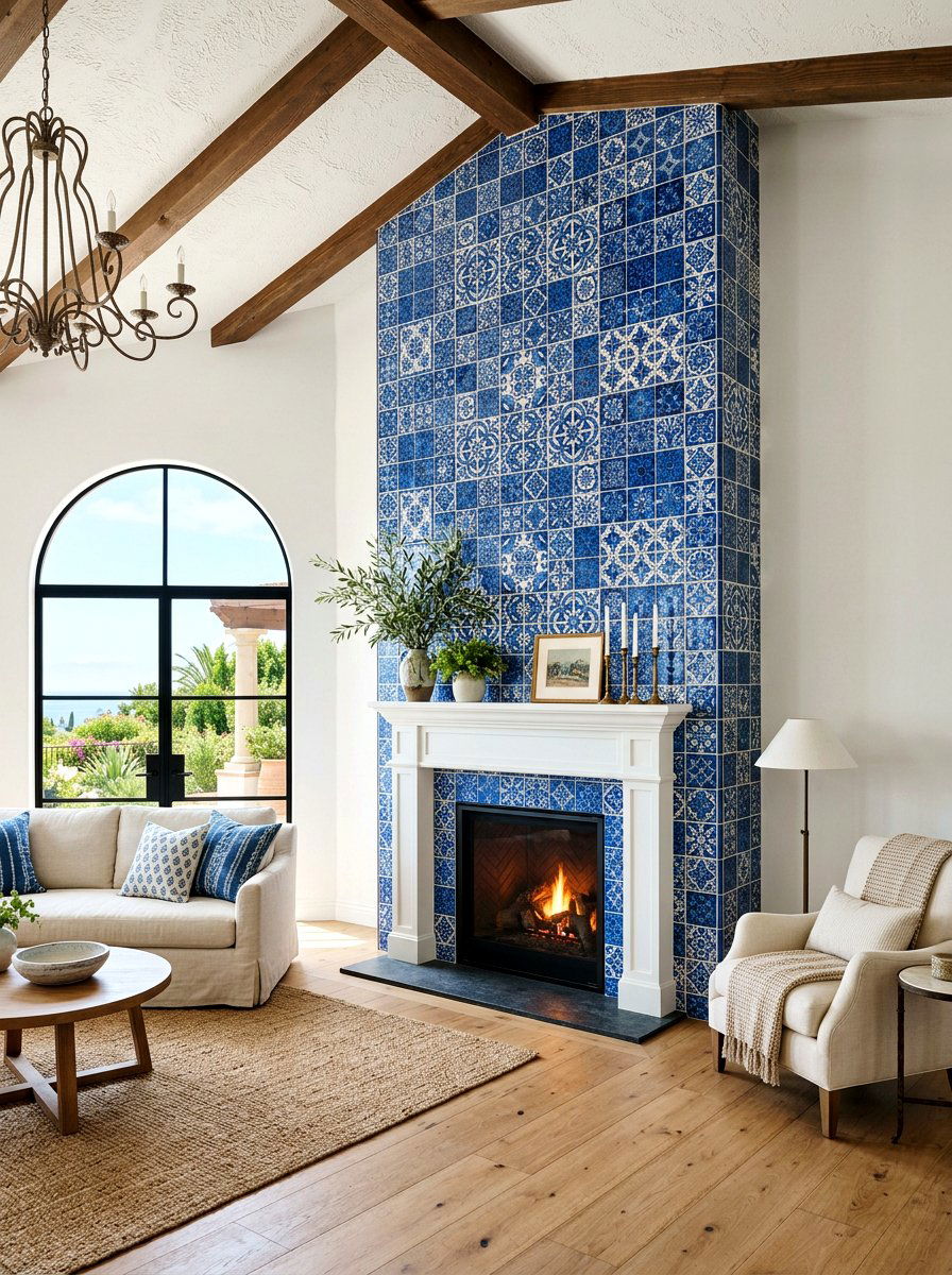 Floor to ceiling tile fireplace wall - 30 off center fireplace ideas
