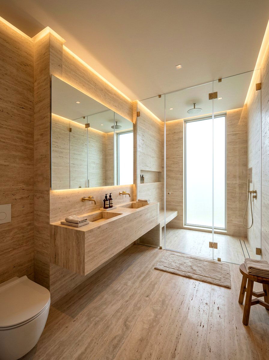 Floor to ceiling travertine bathroom - 30 travertine vanity bathroom ideas