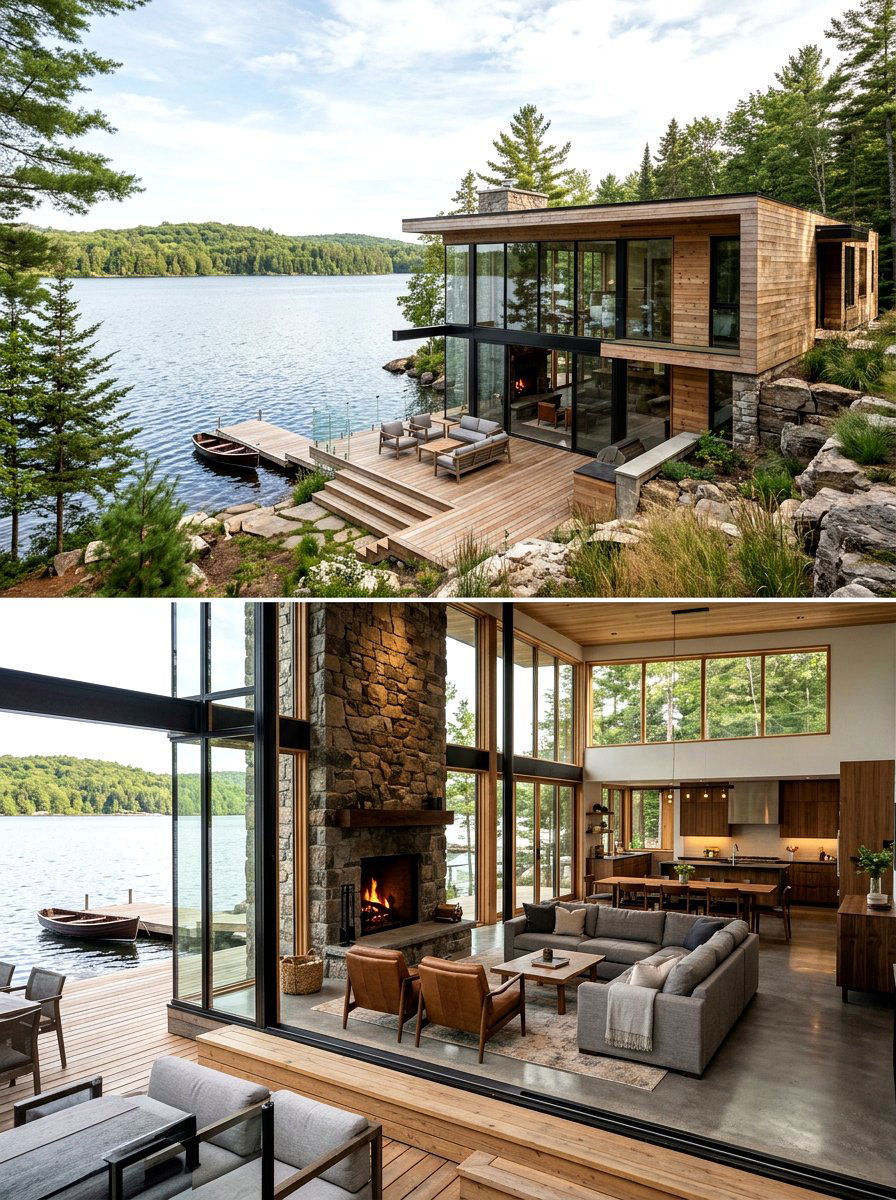 Floor to ceiling window lake house - 30 lake house exterior ideas