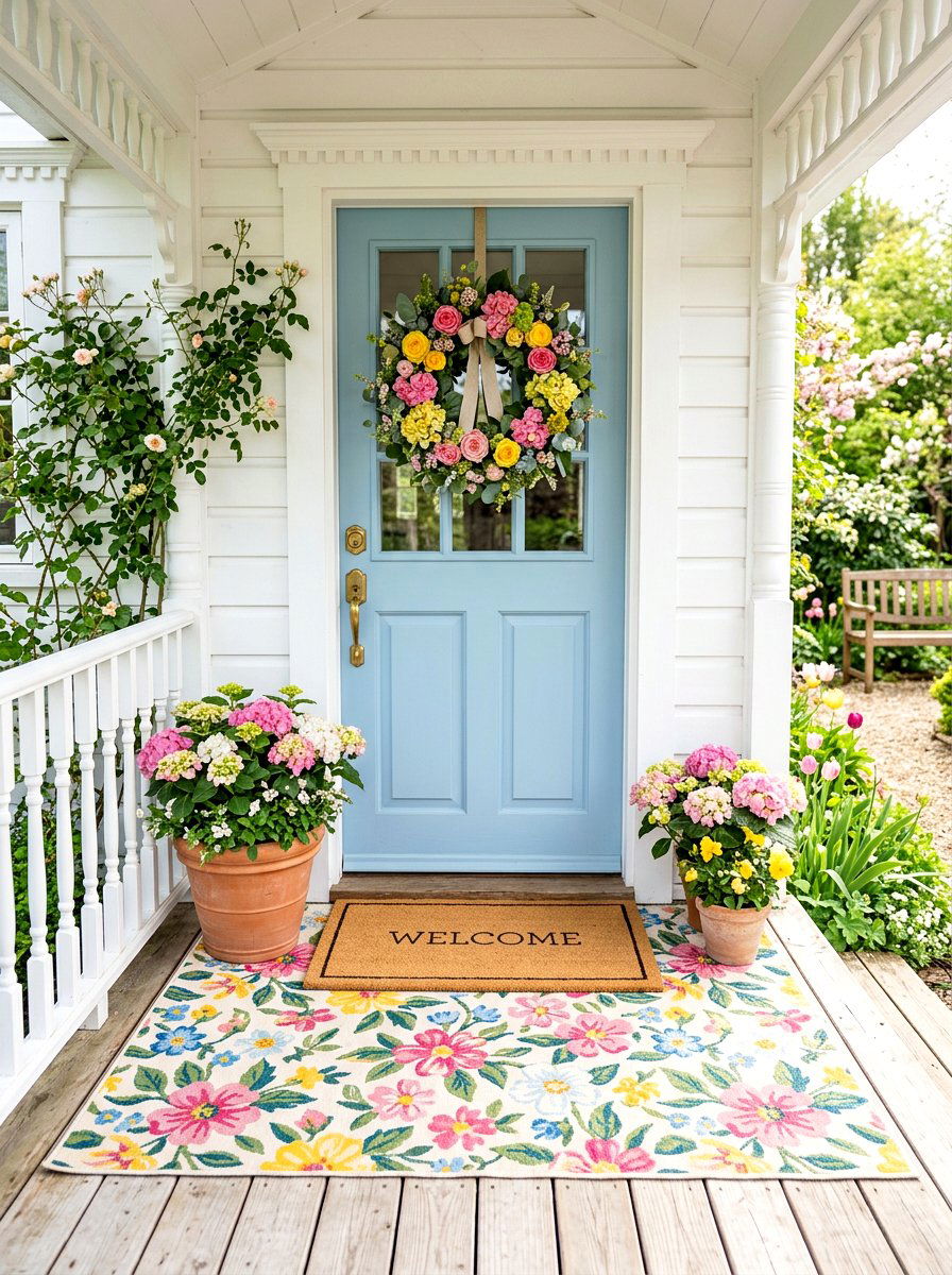 Floral Accent Front Door Rug - 30 layered doormat porch ideas