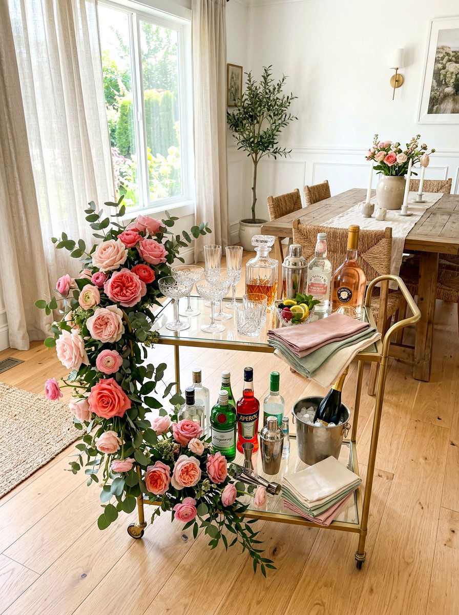 Floral Bar Cart - 30 champagne cart decor ideas