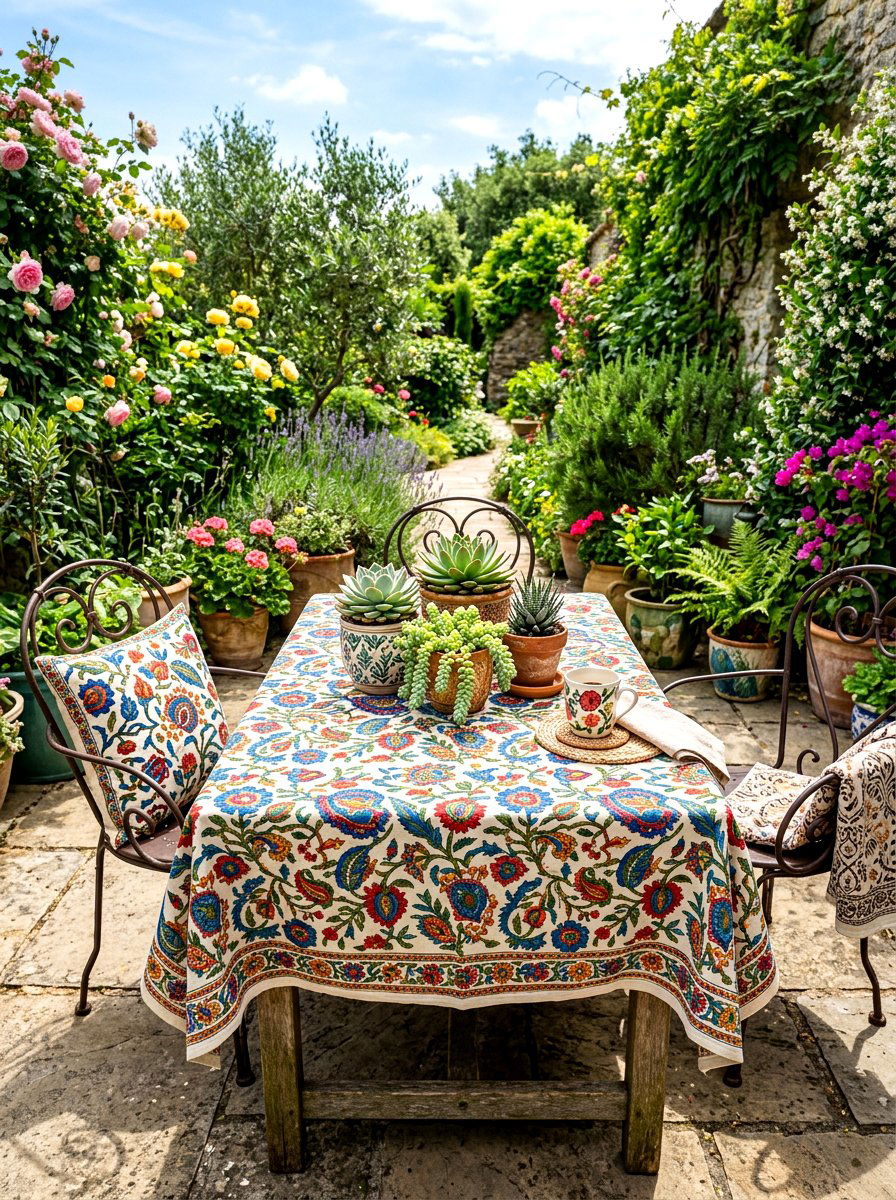 Floral Block Print Table - 30 porch skirted table ideas