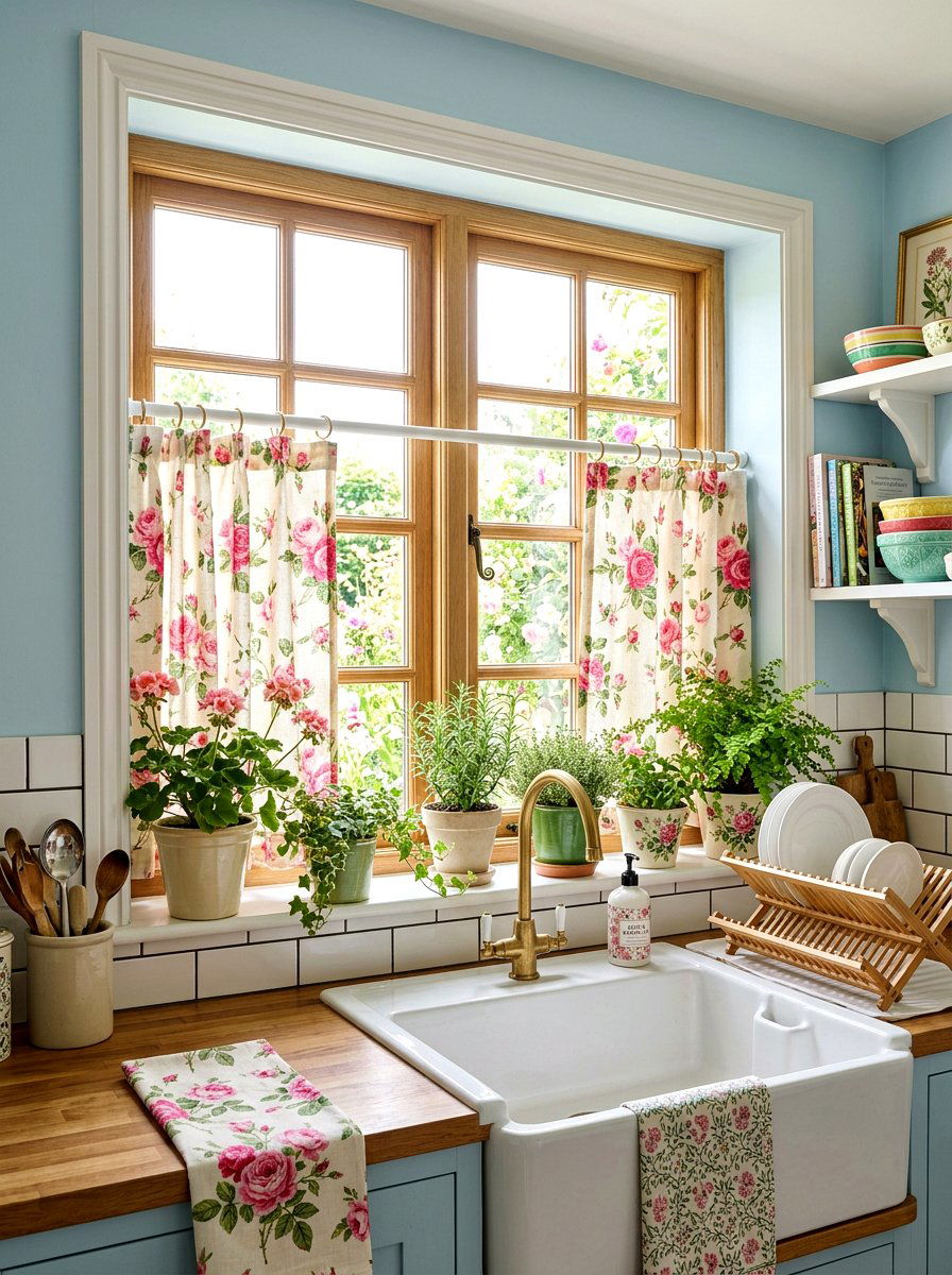 Floral Cafe Curtains - 30 vintage cottage kitchen ideas