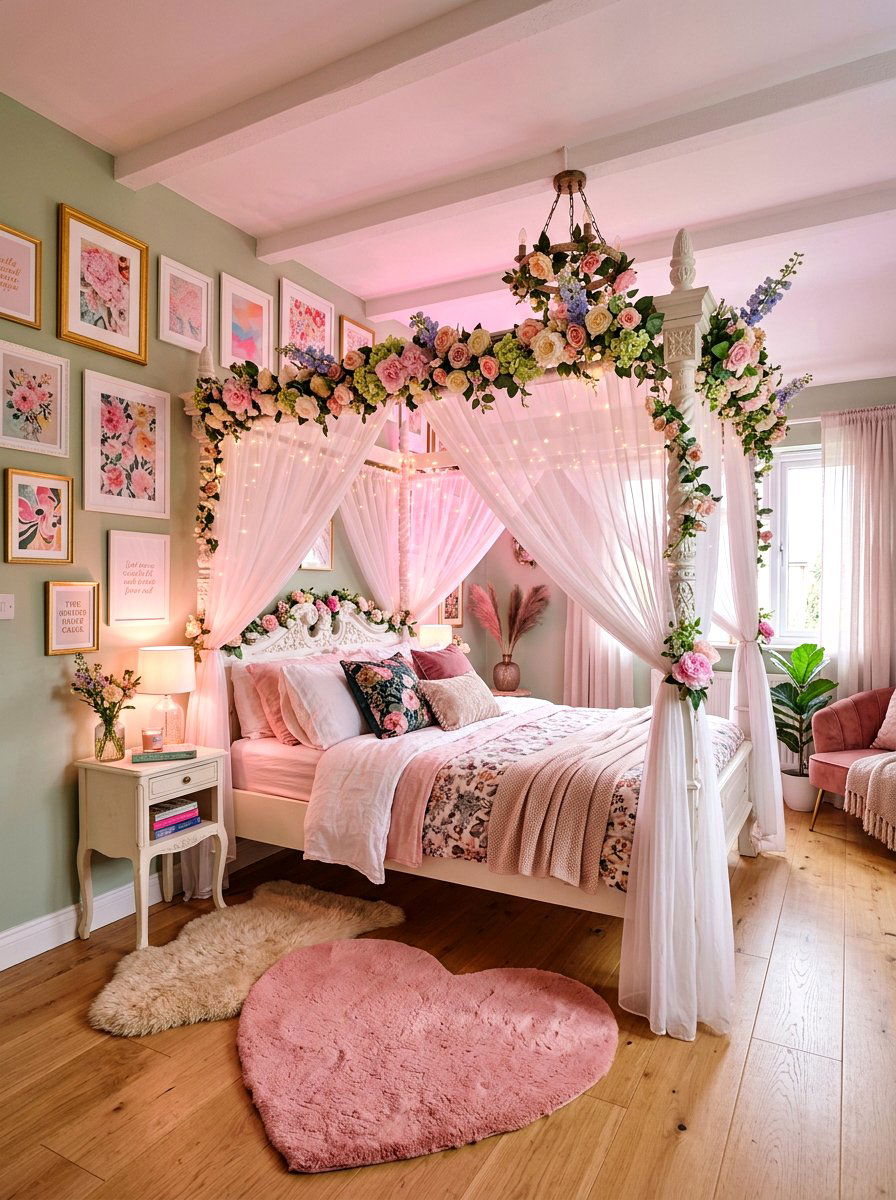 Floral Canopy Bed - 30 coquette room decor ideas