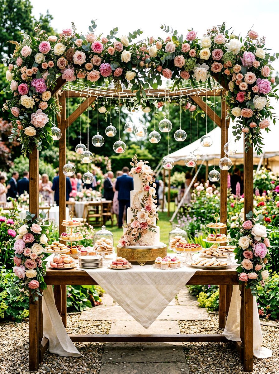 Floral Canopy Dessert Table - 30 outdoor dessert station ideas