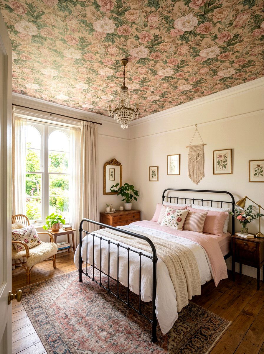 Floral Ceiling Wallpaper - 30 bedroom ceiling ideas