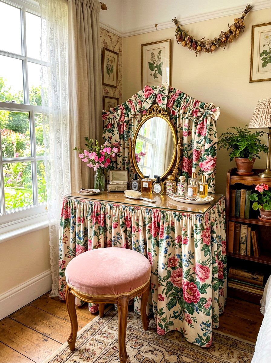 Floral Chintz Vanity Table - 30 skirted table ideas