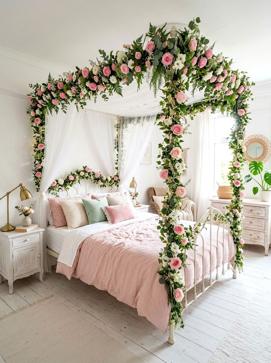 Floral Garland Canopy Bed - 30 romantic canopy bedroom ideas