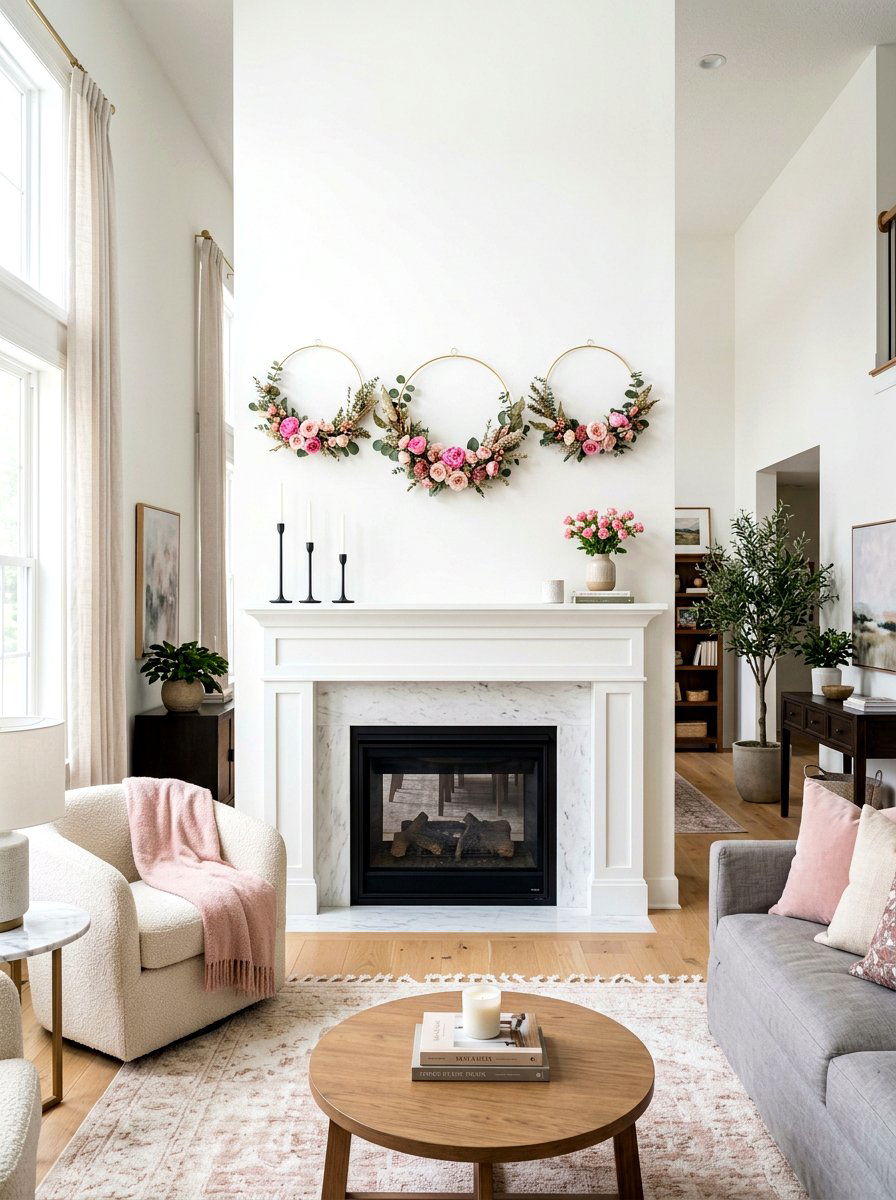 Floral Hoop Wreath Modern Mantel - 30 Valentine mantel ideas