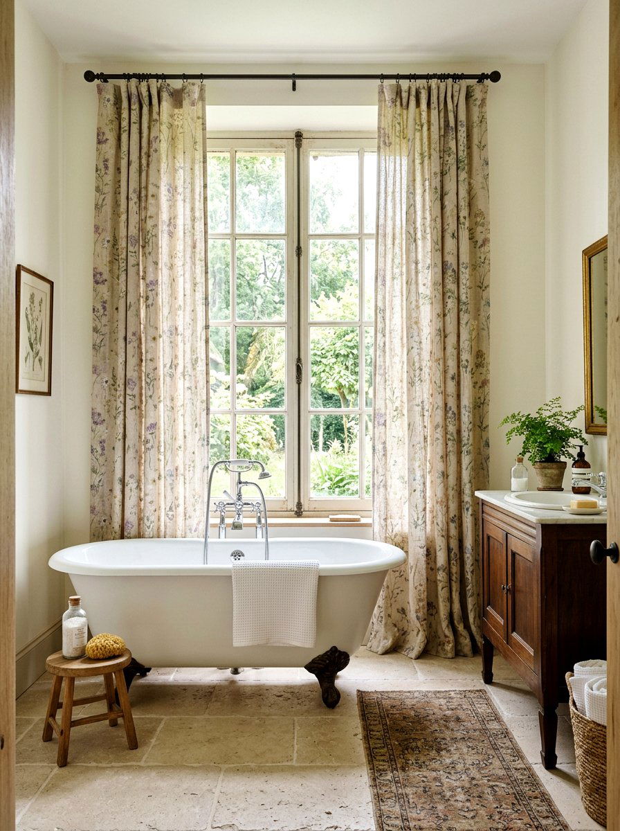 Floral Linen Curtain - 30 vintage floral bathroom ideas