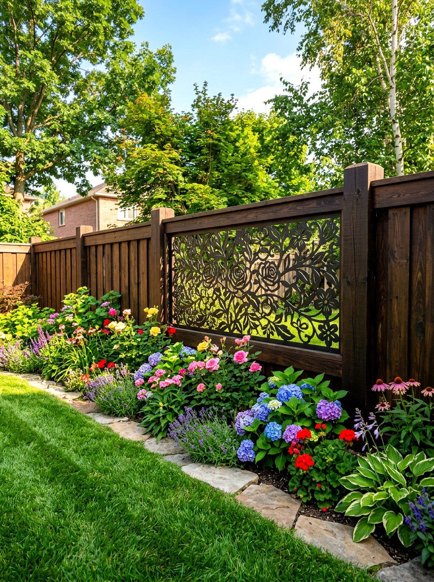 Floral Pattern Metal Fence Insert - 30 laser cut privacy panel ideas