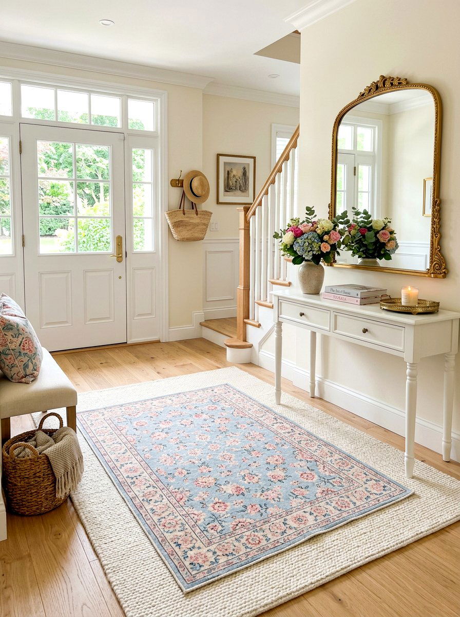 Floral Pattern On Textured Base Rug - 30 entrance rug layering ideas