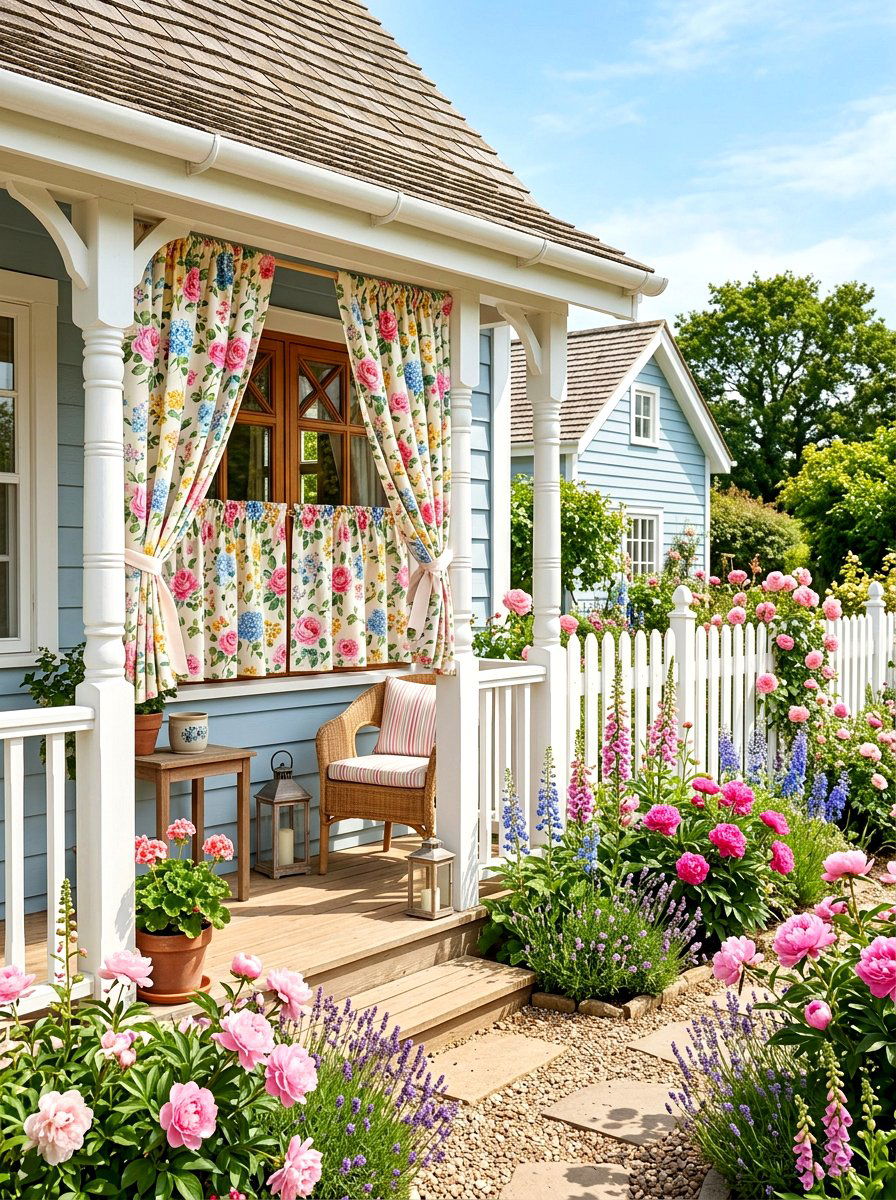 Floral Pattern Porch Tier Curtains - 30 porch with cafe curtains ideas