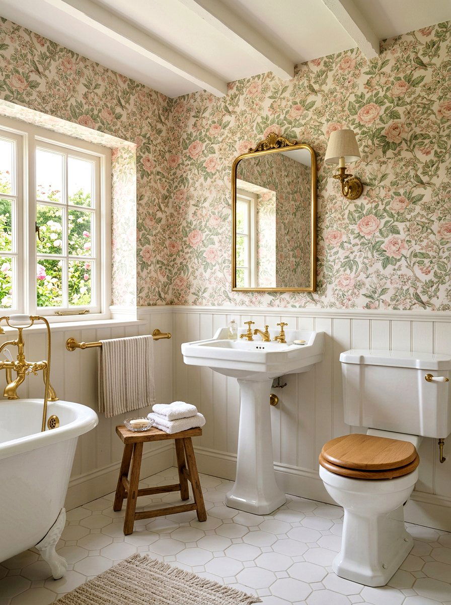 Floral Pattern Wallpaper - 30 cottage bathroom ideas