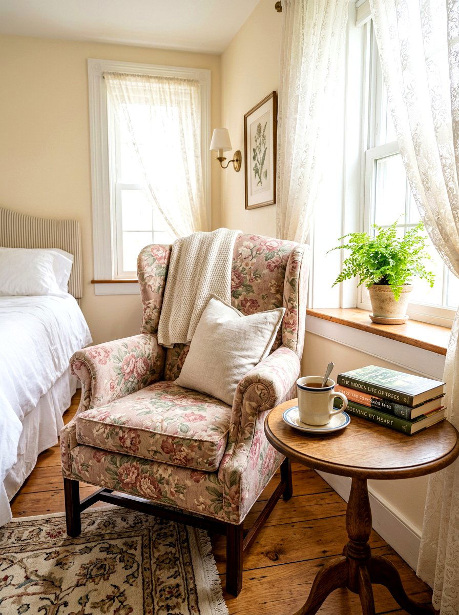 Floral Patterned Armchair - 30 cottagecore bedroom ideas