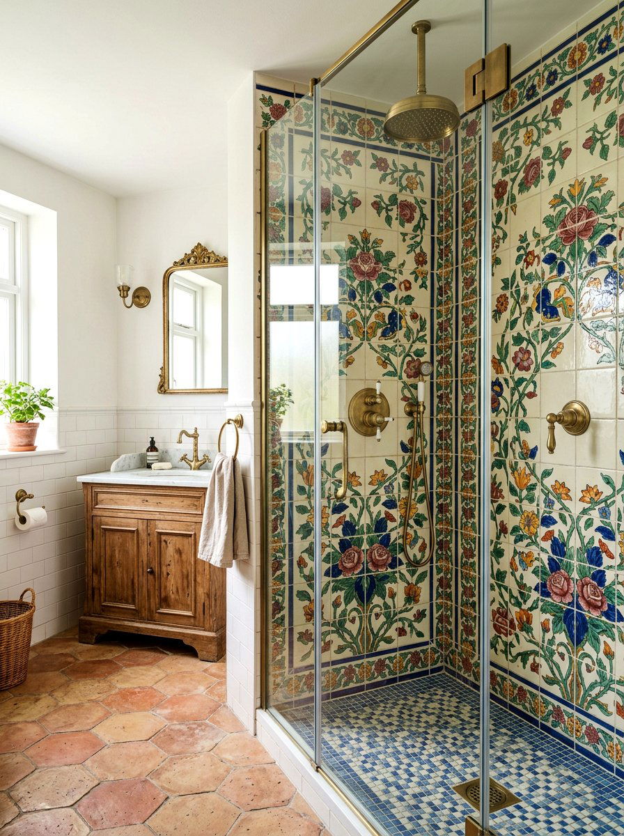 Floral Patterned Tile - 30 granny chic bathroom ideas