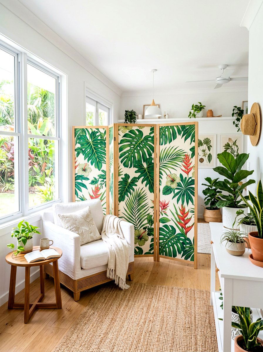 Floral Print Fabric Divider - 30 curtain divider apartment ideas