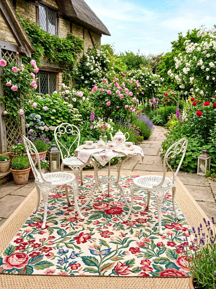 Floral Print Over Neutral Sisal - 30 layered outdoor rug ideas