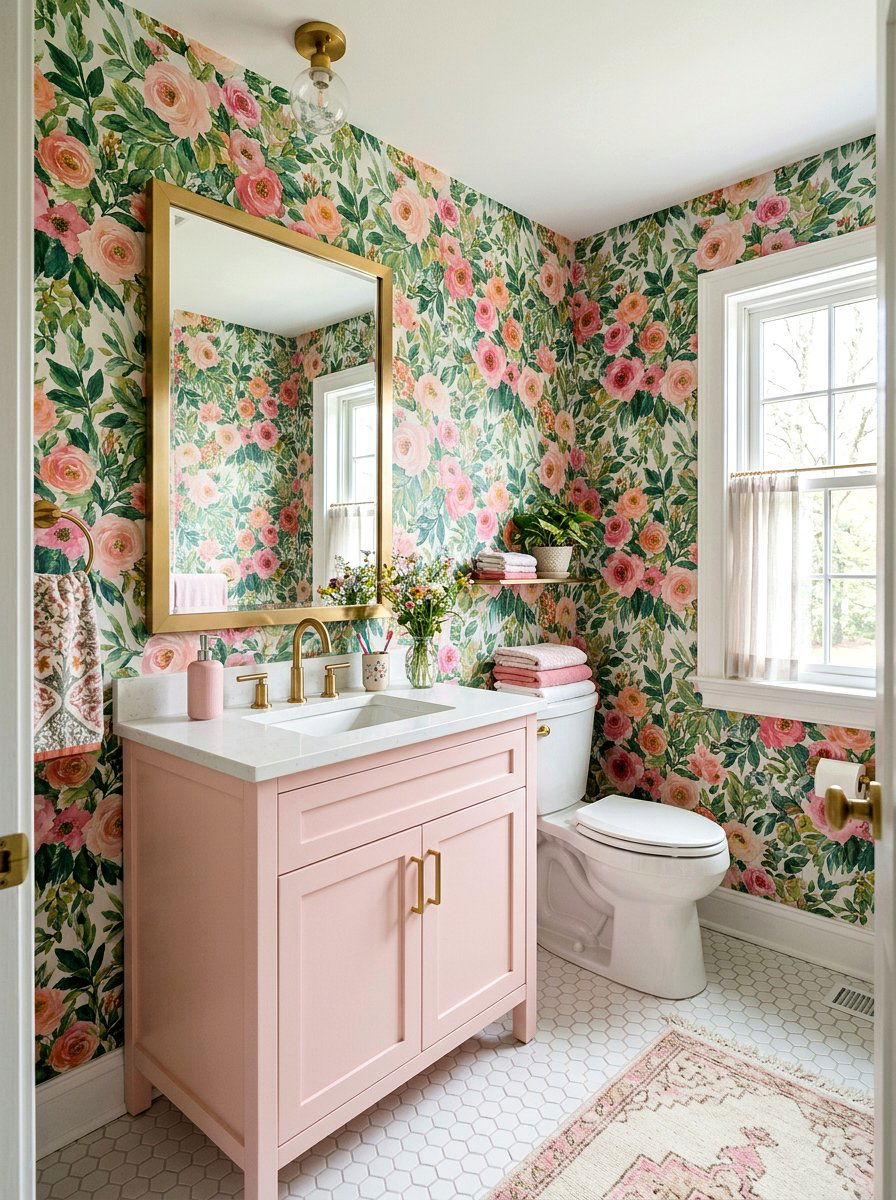 Floral Print Wallpaper - 30 kids bathroom decor ideas