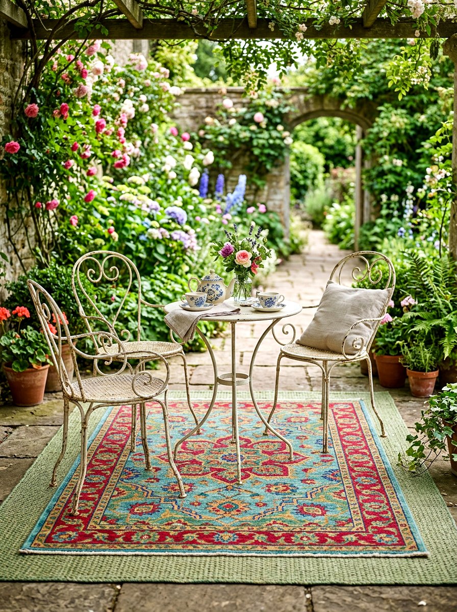 Floral Rug Over Seagrass Mat - 30 outdoor rug layering ideas