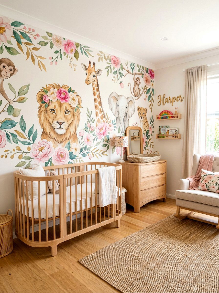 Floral Safari Nursery Mural - 30 safari wall mural nursery ideas