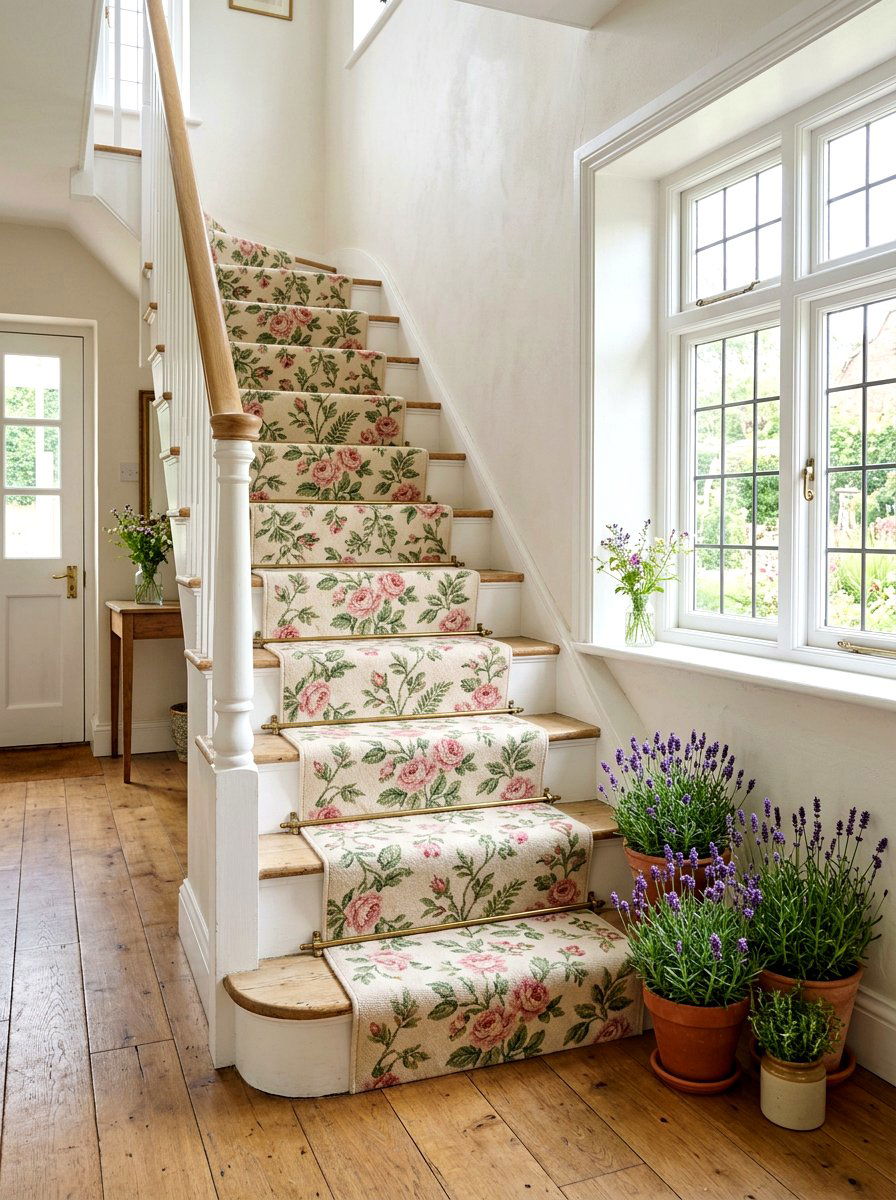 Floral Stair Runner - 30 vintage stair carpet ideas