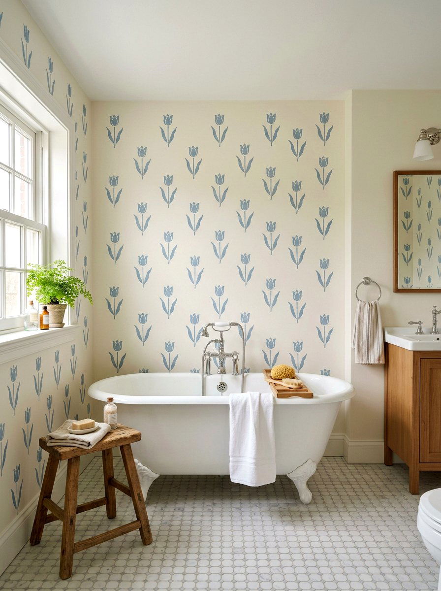 Floral Stencil Wall - 30 vintage floral bathroom ideas