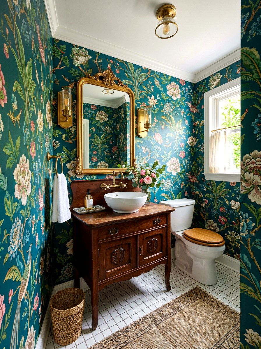 Floral Teal Wallpaper - 30 deep teal powder room ideas