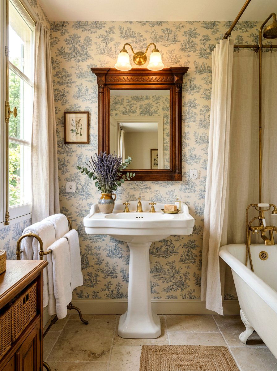 Floral Toile De Jouy Wallpaper - 30 French country bathroom ideas