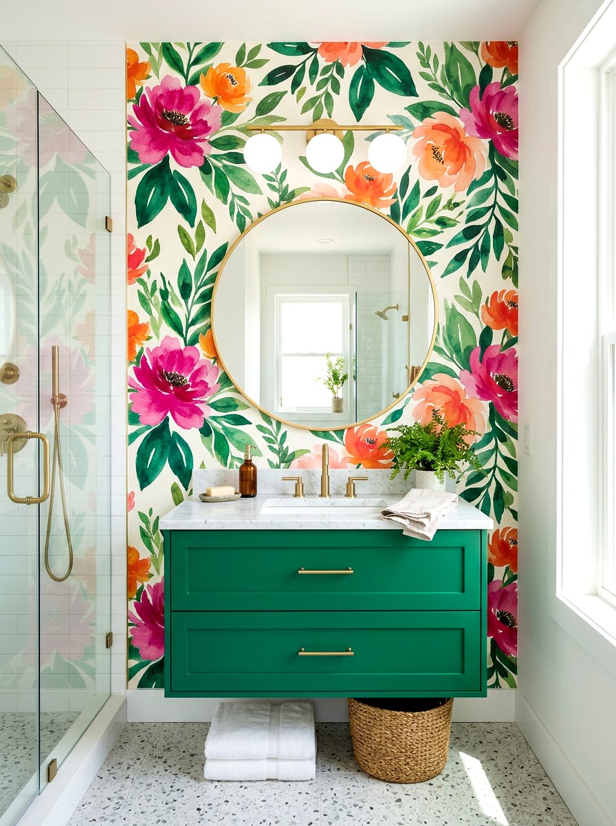 Floral Wallpaper Accent - 30 dopamine bathroom ideas
