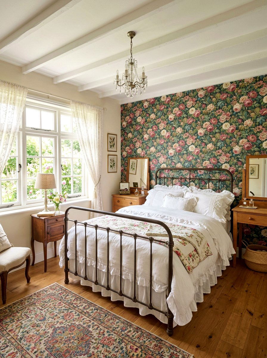 Floral Wallpaper Accent - 30 tiny cottage bedroom ideas