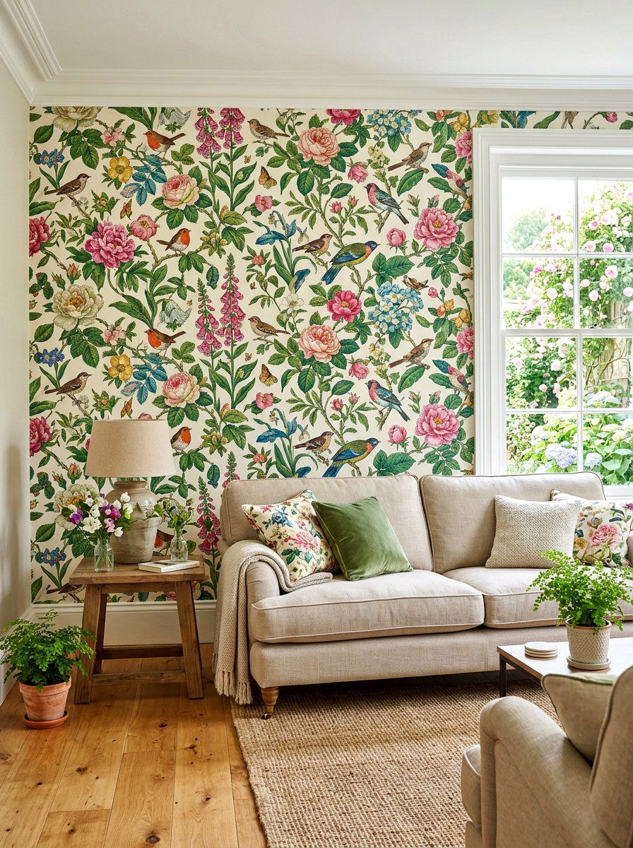 Floral Wallpaper Accent Wall - 30 English cottage living room ideas