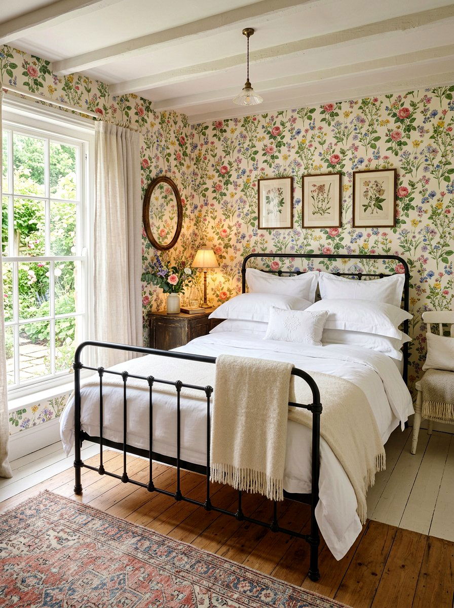 Floral Wallpaper Bedroom - 30 cottage home decor ideas