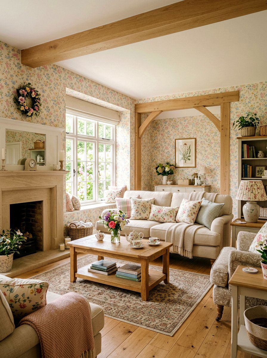 Floral Wallpaper Cottage - 30 cottage living room decor ideas
